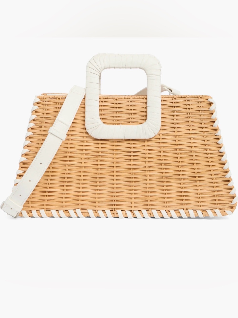 BCBG Wicker Whipstitched Tan White Leather Top Handle Tote w Removable Strap